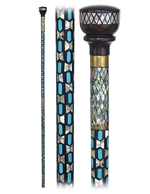 137. Oriental Parade Cane-20th Century-Ebony cane with : 137. Oriental Parade Cane-20th Century-Ebony cane with an ebony ball knob lavishly embellished with mother of pearl inlay and what seems to be turquoise veneer in various diamond patterns, gilt brass