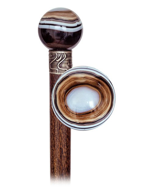 149. Hardstone Dress Cane-Ca. 1920-Sardonyx ball knob w: 149. Hardstone Dress Cane-Ca. 1920-Sardonyx ball knob with a fascinating, natural black and white layered structure, rosewood shaft with an Art Nouveau silver collar and a horn ferrule. Superb quality