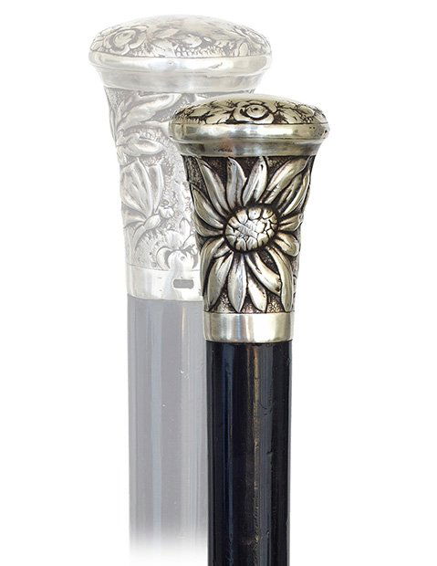 155. Art Nouveau Silver Dress Cane-Ca. 1910-Silver knob: 155. Art Nouveau Silver Dress Cane-Ca. 1910-Silver knob with a chrysanthemum and two dragon flies on the side and a crown of flowers on the top, ebony shaft and a replaced metal ferrule. French.-H. 2