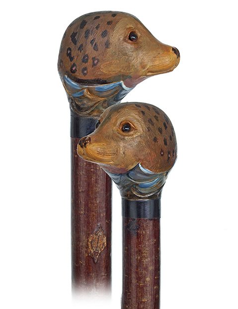 156. Figural Day Cane-Ca. 1920-Fashioned of a well-dres: 156. Figural Day Cane-Ca. 1920-Fashioned of a well-dressed wild cherry branch with a natural bough carved as, what seems to be a beaver head and fitted with a metal ferrule. The head is embellished wi