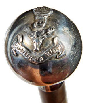 42. Regimental Style Silver Dress Cane-Ca. 1925-A: 42. Regimental Style Silver Dress Cane-Ca. 1925-A signed “Brigg” hallmarked English ball handle, gutta percha shaft and a metal ferrule-H. 1 3/8” x 2”, O.L. 30”