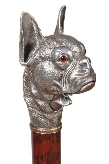 161. Faberge Style Automation Bulldog Cane-20th: 161. Faberge Style Automation Bulldog Cane-20th Century-A solid silver handle with ruby and gold eyes, signed with faux Russian Faberge hallmarks, push button lower jaw, small gold collar, handle was