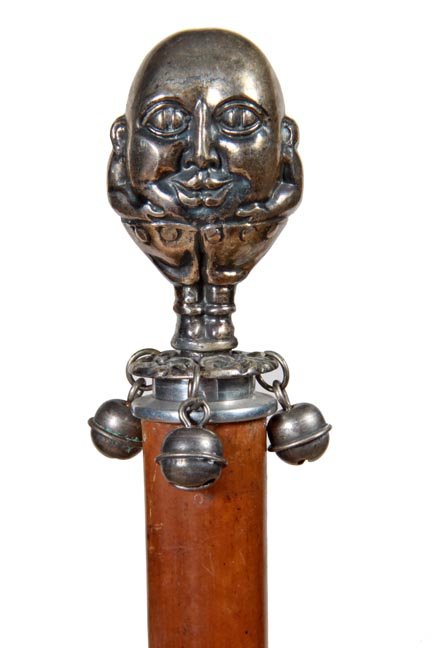 162. Victorian Baby Rattle Cane-Ca. 1880-A Humpty: 162. Victorian Baby Rattle Cane-Ca. 1880-A Humpty Dumpty Victorian rattle which has been made into a dress cane, probably a memory stick of an earlier time in life, malacca shaft and a horn ferrule.-(