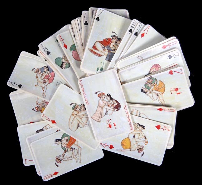227. Erotic Kama Sutra Ivory Hand Painted Full Set of: 227. Erotic Kama Sutra Ivory Hand Painted Full Set of Playing Cards, Each Card Has an Original Painted Scene, Full Size Cards 2" x 3 3/8" Consignment