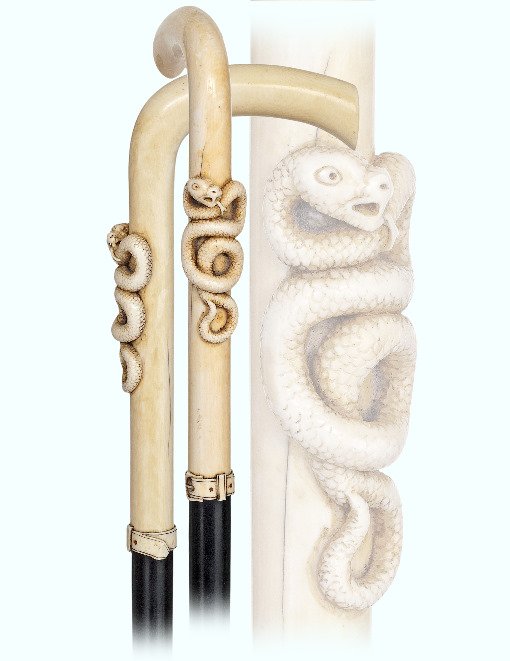 30. Ivory Snake Cane-19th Century.-Large and stretching: 30. Ivory Snake Cane-19th Century.-Large and stretching L-shaped handle with a coiled snake and a collar in the shape of a belt with buckle, ebony shaft and ivory ferrule. -H. 7” x 3 ½”, O.L. 36