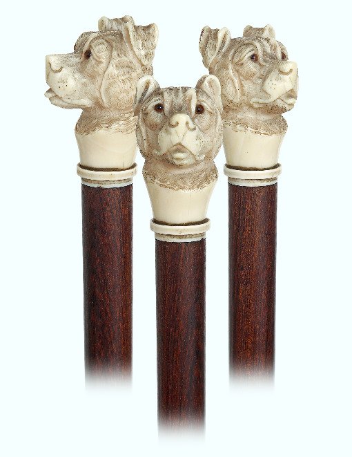 48. Ivory Dog Head-Ca. 1890-Upright ivory dog head with: 48. Ivory Dog Head-Ca. 1890-Upright ivory dog head with folded ears, well figured short haired fur, inset, tiny glass eyes, turned ivory collar, rosewood shaft and a stag horn ferrule. -H. 2 ½” x 1