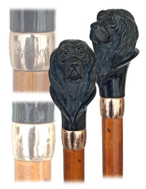 79. Tiffany Hard Stone Figural Cane-Ca. 1900-Single: 79. Tiffany Hard Stone Figural Cane-Ca. 1900-Single piece deep black onyx knob cut in the shape of an upright dog head with an elongated muzzle and long, floppy ears. The handle comes with its wide an