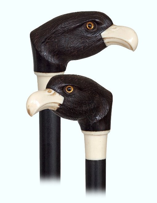 134. Ivory and Ebony Eagle Head Cane-Ca. 1900-Large: 134. Ivory and Ebony Eagle Head Cane-Ca. 1900-Large ebony eagle head handle with ivory beak and stretching neck collar, ebony shaft and a horn ferrule. A finely engraved feather coat and a pair of ins