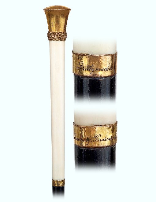 141. Ivory Dress Cane-Ca. 1890-Impressive ivory: 141. Ivory Dress Cane-Ca. 1890-Impressive ivory straight handle with fire gilt knob and collar, ebony shaft and an ivory ferrule. Engraved on its collar “Hamburg Brahmsallee 97.”-H. 12 ¼” x 1 �