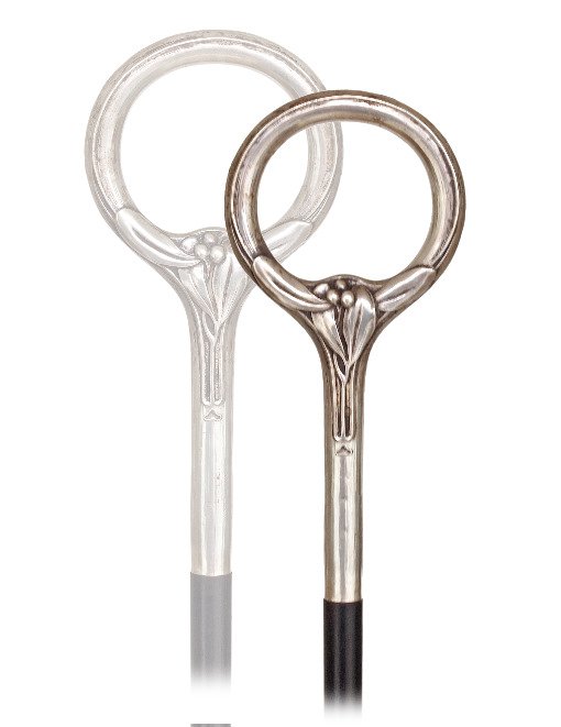 156. Art Nouveau Lady Dress Cane-Ca. 1900-Straight: 156. Art Nouveau Lady Dress Cane-Ca. 1900-Straight silver handle with a large loop chased sinuous leaf and berries, ebony shaft and a brass ferule. French or Belgian.-H. 4 ¾” x 2 ¼”, O.L. 38 ¼�