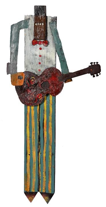 Cannon, "Man with Guitar", painted wood and metal, 35: Cannon, "Man with Guitar", painted wood and metal, 35 1/2" x 16 1/2" x 2", signed