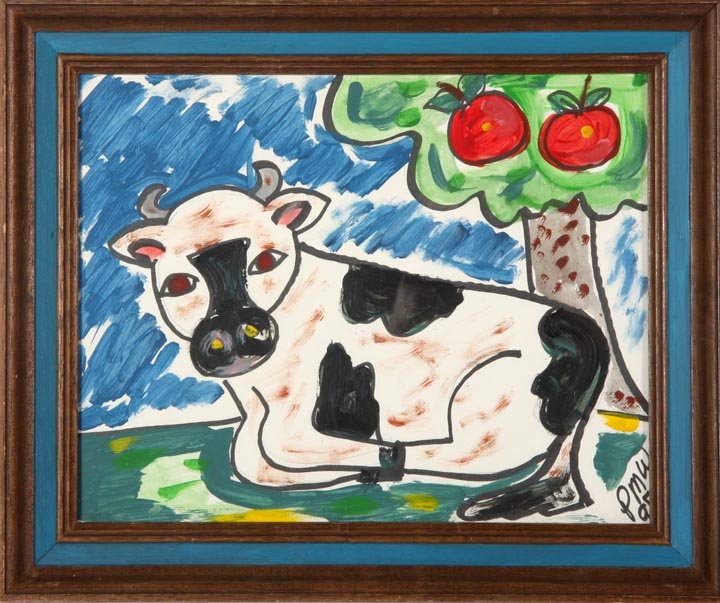 Pauline Willis, "Cow Under Apple Tree", Oil on paper,: Pauline Willis, "Cow Under Apple Tree", Oil on paper, image 11" x 14", framed under glass 14" x 17"