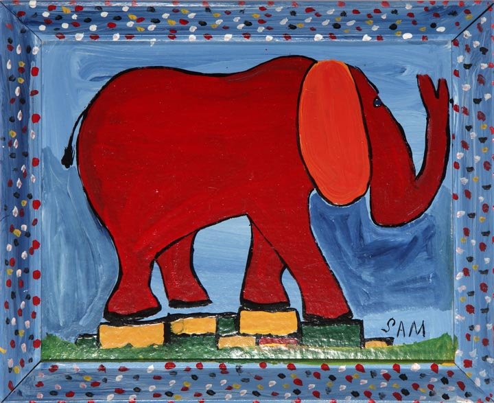 Sam Mcmillan, "Red Elephant", oil on cardboard, image: Sam Mcmillan, "Red Elephant", oil on cardboard, image and artist painted frame, 12 3/4" x 15 3/4", signed