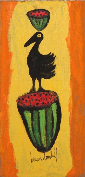 Brian Dowdall, "Bird and Watermelon", oil on cardboard,: Brian Dowdall, "Bird and Watermelon", oil on cardboard, 8" x 16", signed