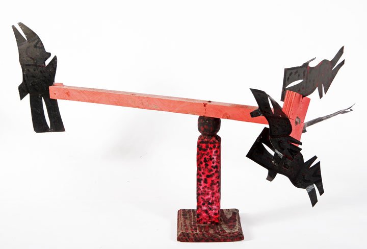 R.A. Miller, "Whirligig", paint on wood with tin: R.A. Miller, "Whirligig", paint on wood with tin figures, 18 3/4" x 14 1/2" x 33"