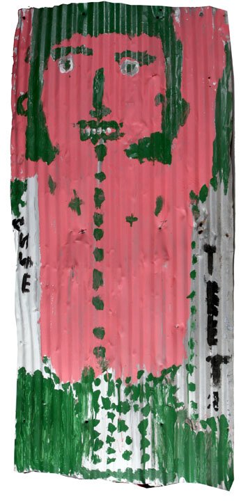 Mary T Smith, "Pink Lady", housepaint on corrugated: Mary T Smith, "Pink Lady", housepaint on corrugated tin, signed on back, circa 1990's 56" x 26" One of many outsider art and folk-art pieces in this auction