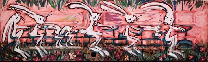 Kim Clayton, "Bunnies on Bike", paint on door, 24" x: Kim Clayton, "Bunnies on Bike", paint on door, 24" x 80"