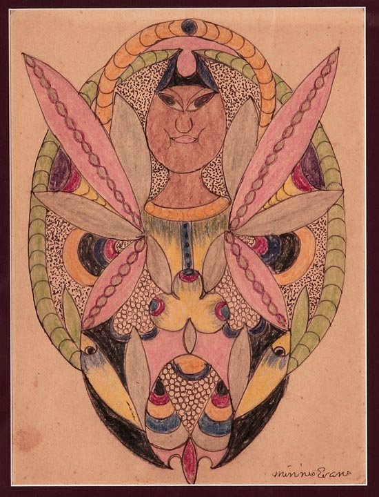 Minnie Evans, "Flowerchild", Outsider art: Minnie Evans, "Flowerchild", crayon and color pencil on paper, signed, gallery framed under glass, image is 9" x 12"