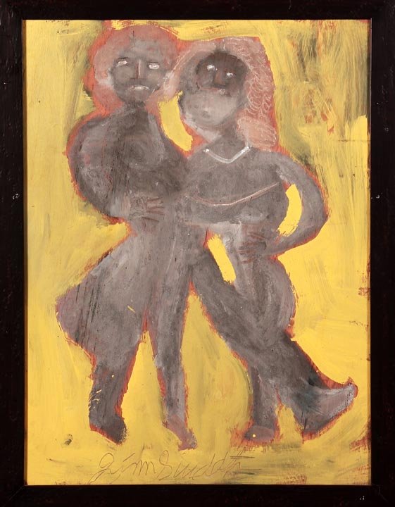 Jimmy Sudduth, "Couple", Outsider art: Jimmy Sudduth, "Couple", heavy mud paint on plywood, gallery framed under glass, 1988, image 23" x 32", signed in pencil, Former Ruth Webb collection