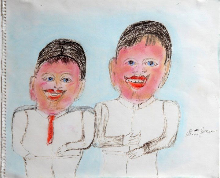 S.L. Jones, "Two Folks", Kentucky Folk art: S.L. Jones, "Two Folks", pen and colored pencil on paper, matted and framed, image is 14" x 17", circa 1990's, signed