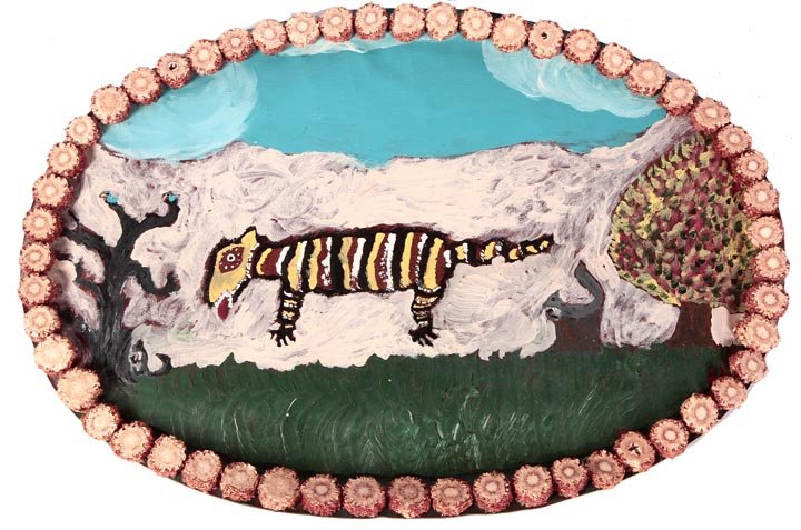 Minnie Adkins, "Cat", paint and corn cobs and leather: Minnie Adkins, "Cat", paint and corn cobs and leather with wood backing, 17" x 24" x 1", Dr John and Anne Miller Collection