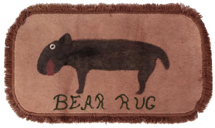 Minnie Adkins, "Bear Rug", Kentucky folk-art: Minnie Adkins, "Bear Rug", paint on fringe throw rug, 30" x 50", signed to John and Anne Miller from Garland and Minnie, Miller Collection