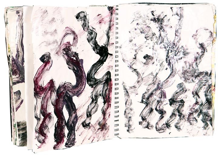 Purvis Young, "Atlanta Book", Outsider art: Purvis Young, "Atlanta Book", paint on paper in a book, approximately 75 drawings and paintings, 14" x 11" spiral bound book. In the mid 1990's Kimball met Baron Gordon in the elevator at the Hyatt in