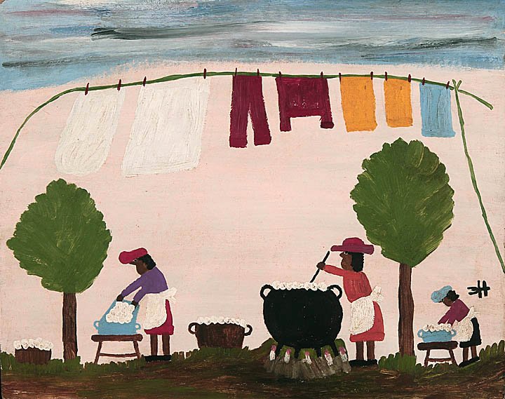 Clementine Hunter-Wash Day: Clementine Hunter- Wash Day 16 x 20 , Paint on masonite unframed,signed . Private Houston Tx. collection This painting comes with an unconditional warranty from the consignor to be an original Hunter.