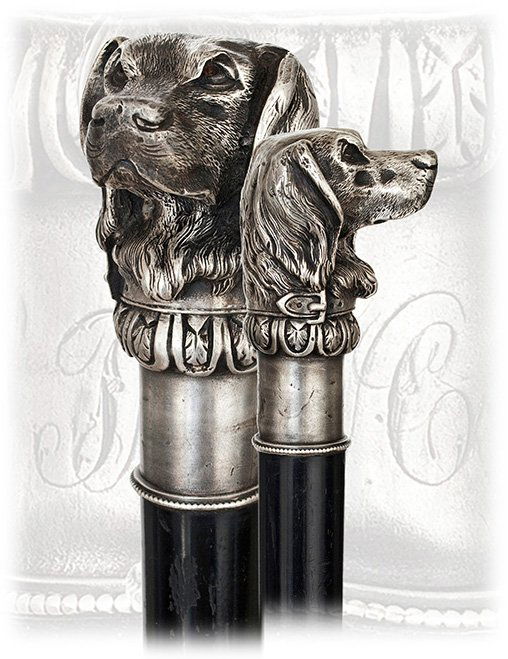 7. Victorian Dog Cane -Circa 1880-Massive silver handle: 7. Victorian Dog Cane -Circa 1880-Massive silver handle naturalistically modeled, cast and finely chased in the shape of a pointer with long hair and buckle collar on its ebony shaft with a metal ferr