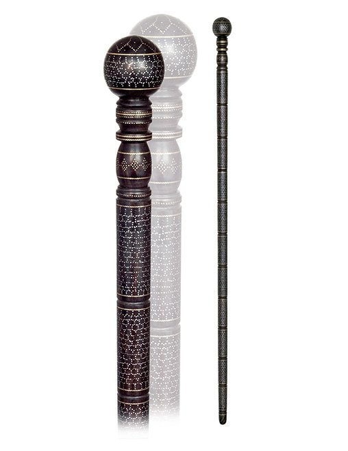 52. Piqué Dress Cane-20th Century-Ball knob on a: 52. Piqué Dress Cane-20th Century-Ball knob on a segmented shaft lavishly embellished with dense silver piqué and twisted gold wire inlay. Extremely decorative, unused cane.-H. 4 ½” x 2”, O.L. 