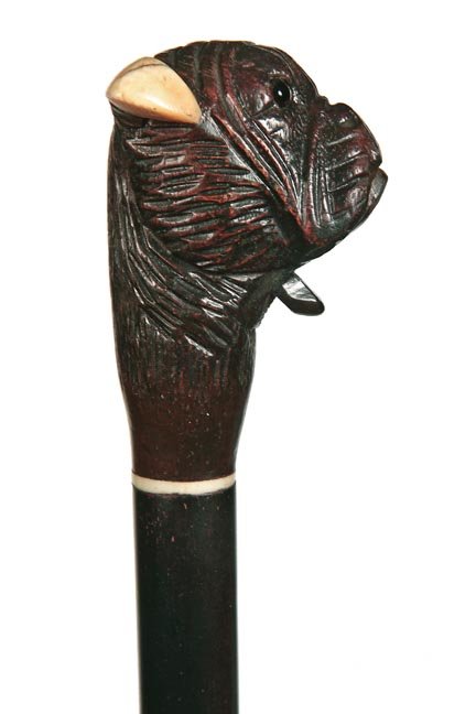 144. Bull Dog Glove Holder Cane-Early 20th Century-A: 144. Bull Dog Glove Holder Cane-Early 20th Century-A carved bulldog with two color glass eyes and ivory ears, working pushbutton mechanism below the mouth, small ivory collar, ebony shaft and a horn f