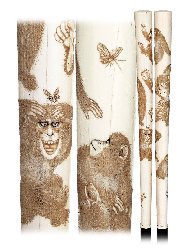 25. Ivory Dress Cane-Ca. 1890-Very long, straight and: 25. Ivory Dress Cane-Ca. 1890-Very long, straight and tapering Japanese export ivory handle engraved in low relief with an animal study showing five light-hearted monkeys, ebony shaft with a plain tur