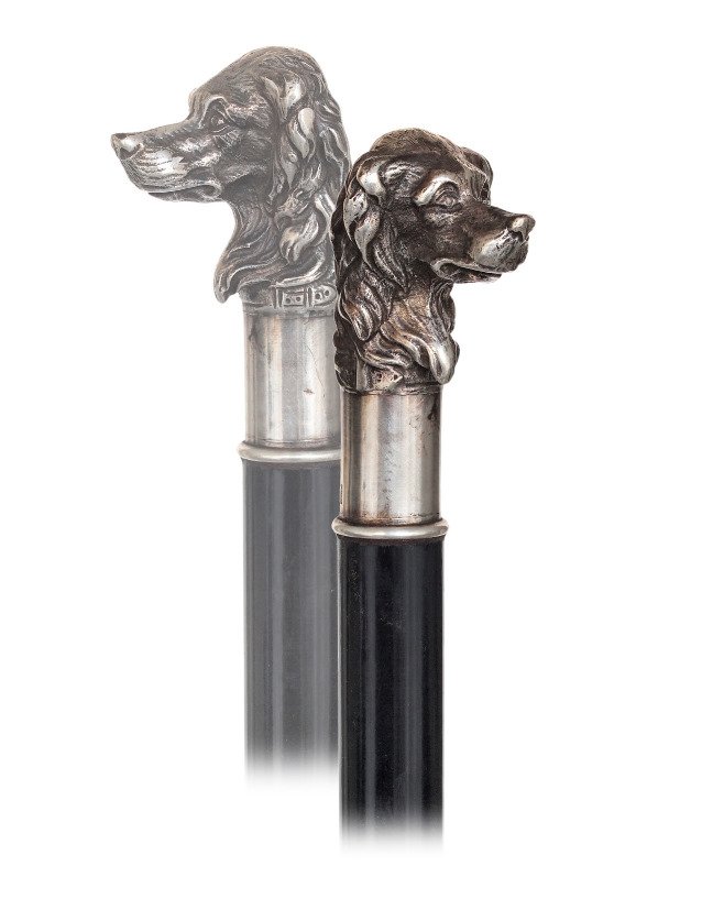 88. Silver Dog Cane-Ca. 1900-Solid silver handle: 88. Silver Dog Cane-Ca. 1900-Solid silver handle naturalistically modeled, cast and finely chased in the shape of a long haired dog head with a pointed snout and long, floppy ears, ebony shaft and a h