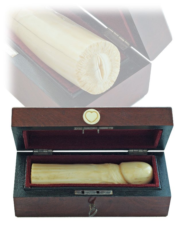 99. Hysteria Erotic Godemiche- Ca. 1890 -Substantial: 99. Hysteria Erotic Godemiche- Ca. 1890 -Substantial ivory godemiche explicitly phallic in appearance carved with a female organ on the back to enhance sexual pleasure. Late Victorian Sex toys of this