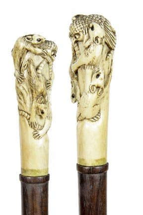 72. Japanese Export Ivory Cane-Meiji Period-A large: 72. Japanese Export Ivory Cane-Meiji Period-A large ivory knob carved in high relief with four rats and an owl, well figured feather coat for the owl and fur for the rats, all the eyes with dark inlay