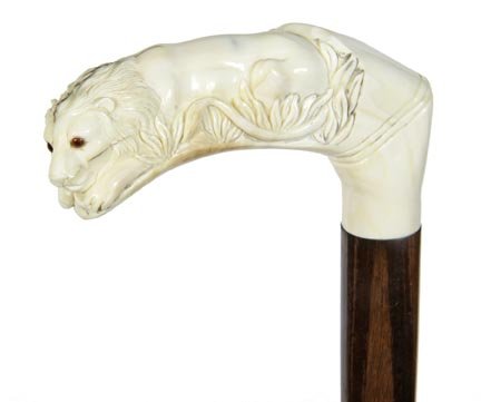 121. Ivory Lion Cane-Pre-Ban 20th Century-A carved: 121. Ivory Lion Cane-Pre-Ban 20th Century-A carved seated lion with two color glass eyes, probably a boar tusk, cherry shaft and a metal ferrule-H. 4 ½” x 2 ¼”, O.L. 36”