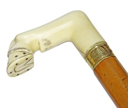 138. Ivory Horse Hoof Sword Cane-Dated 1865-A large: 138. Ivory Horse Hoof Sword Cane-Dated 1865-A large ivory handle with silver shoe nails, s12” engraved 4-sided blade, ornate gold filled collar, dated with a presentation, malacca shaft and a horn f