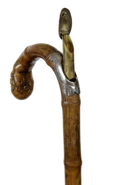 174. Vesta Match Safe Cane-Dated 1899-A hallmarked: 174. Vesta Match Safe Cane-Dated 1899-A hallmarked Jonathan Howell match safe and cigarette compartment stick, sterling silver, one piece bamboo shaft and a metal ferrule-O.L. 35 1/2'”