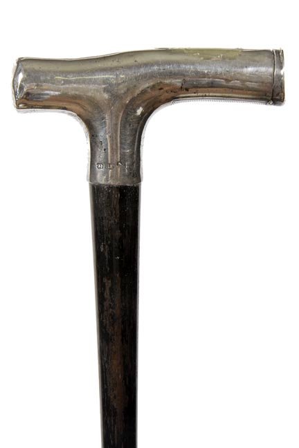 177. Vesta Match Safe Cane-Dated 1878-A nice sterling: 177. Vesta Match Safe Cane-Dated 1878-A nice sterling handle with Birmingham hallmarks with the initials “K.M.” as the maker, hinged end cap, striker on underside of handle, ebony shaft and a smal