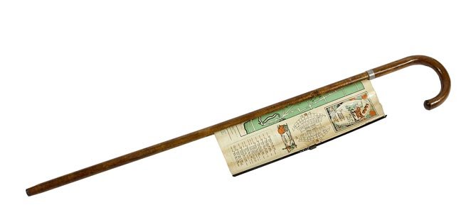 165. Football “ Orange Bowl” Miami Cane - Dated 1940-: 165. Football “ Orange Bowl” Miami Cane - Dated 1940- Nice example of the 1940 Orange Bowl map and event cane, spring loaded pull out map, hardwood crook handle shaft, and a metal ferrule. O.L