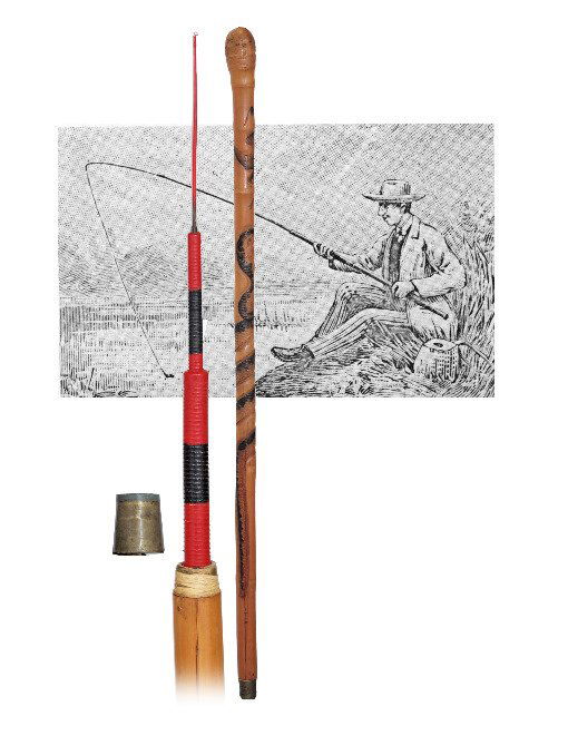 108. Dual Purpose Fishing Rod Cane-Ca. 1890-Fashioned: 108. Dual Purpose Fishing Rod Cane-Ca. 1890-Fashioned of a straight bamboo with a natural bulb as knob and carved with a flying eagle obviously rescuing a monkey from a furious giant snake coiling aro