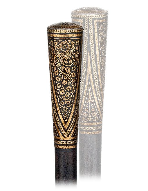 116. Toledo Damascene Steel and Gold Dress Cane-Ca.: 116. Toledo Damascene Steel and Gold Dress Cane-Ca. 1880-Toledo damascene handle fashioned in an elongated and slightly tapering plain shape with a round top and encrusted with dense 24 karat gold wir