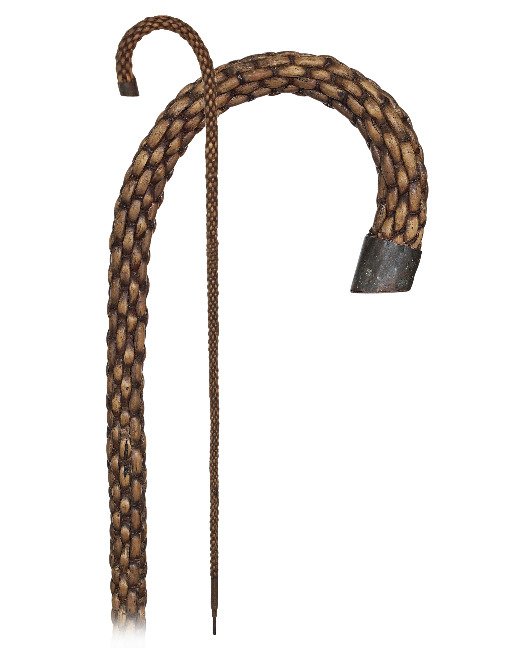 121. Rattan Braid Cane-Ca. 1900-Well braided rattan: 121. Rattan Braid Cane-Ca. 1900-Well braided rattan cane with a metal core and integral crook handle, metal cap and a metal ferrule. Singular item and with ties to basketry arts. Part of the timeless