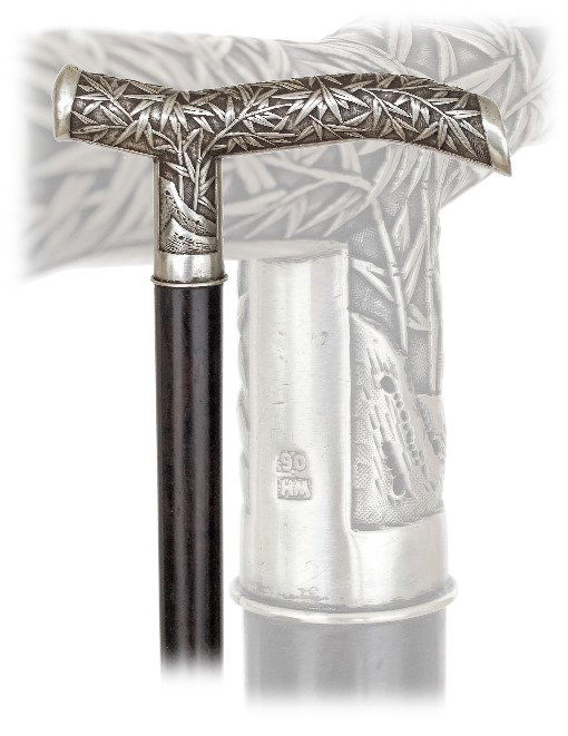 124. Chinese Export Silver Dress Cane-Ca. 1890-Large: 124. Chinese Export Silver Dress Cane-Ca. 1890-Large Opera shaped silver handle well and densely hand chased and engraved with bamboo. Ebony shaft and a horn ferrule. The Silver handle is authenticate