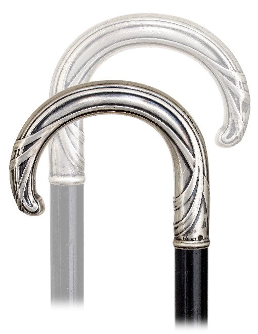 132. Silver Art Nouveau Dress Cane-Ca. 1900-Silver: 132. Silver Art Nouveau Dress Cane-Ca. 1900-Silver crook handle beautifully modeled and finely hand chased with fully developed surface ornaments dominated by pervasive curvilinear rhythms, ebony shaf
