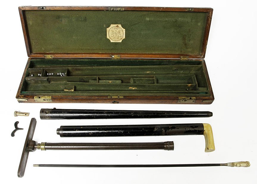 Air Gun Cane-Circa 1850, cased W.A. Becawith, London: Air Gun Cane-Circa 1850, cased W.A. Becawith, London air gun, original pump, keys, etc, elephant ivory handle ramrod, working but needs rubber washers to seal air compartment