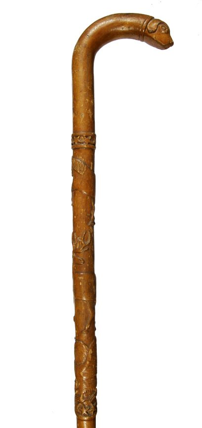 Folk Art Cane-Circa 1900-One piece carved horse, large: Folk Art Cane-Circa 1900-One piece carved horse, large elk, bald eagle with stars and a star collar and no ferrule, O.L. 38"