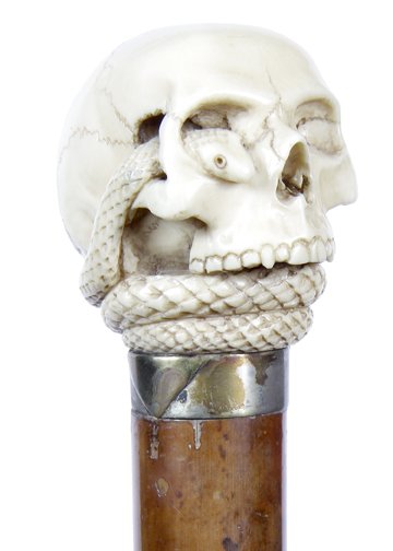 226.Ivory Skull And Snake Cane- Late 19th Century-A: 226.Ivory Skull And Snake Cane- Late 19th Century-A carved ivory handle with a snake wrapped around the base of the skull and its head coming out of the eye socket, a silver metal collar thick malac