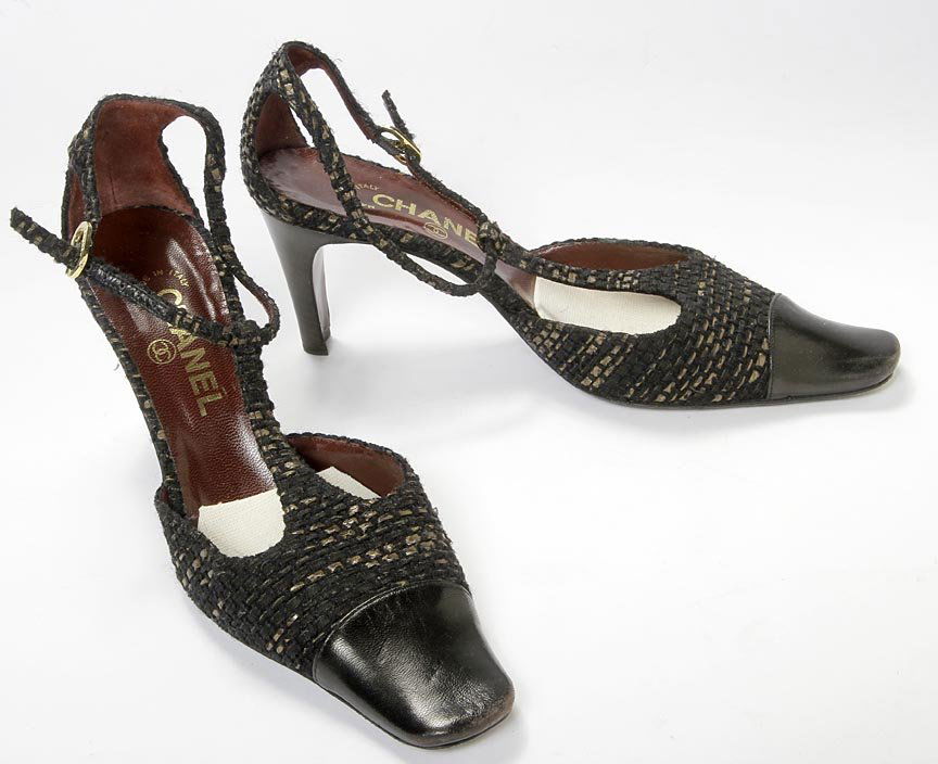 Chanel-Woven with black leather toe, 3 inch heel and: Chanel-Woven with black leather toe, 3 inch heel and gold buckle, size 37 1/2