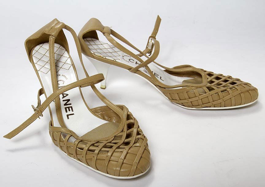 Chanel-Tan leather woven sandals with pump heels, size: Chanel-Tan leather woven sandals with pump heels, size 37 1/2